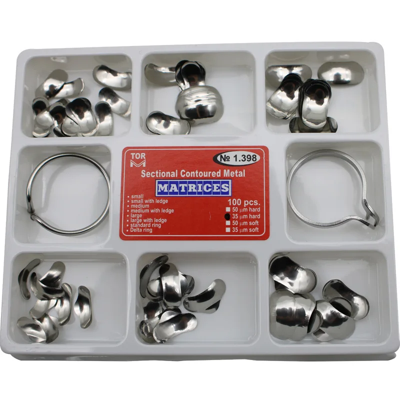 

Dental Matrix NO.1.398 dental Sectional Contoured Metal Matrices Full Kit with 2 pcs Ring for Teeth Replacement Dentist tools