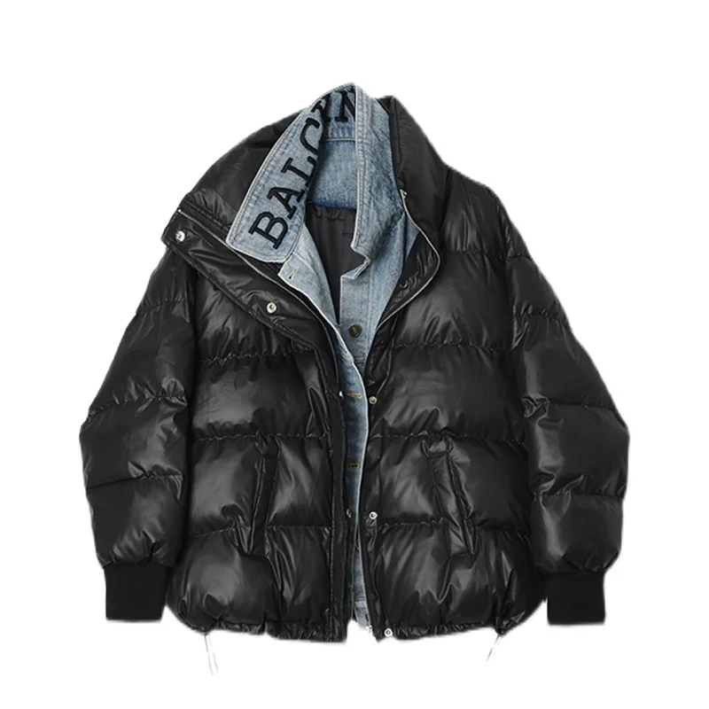 

Winter fake 2-piece Jacket Women Thick Warm Down Jackets Oversize Denim Spliced Jeans Parkas Cotton Padded Coat Female Outerwear