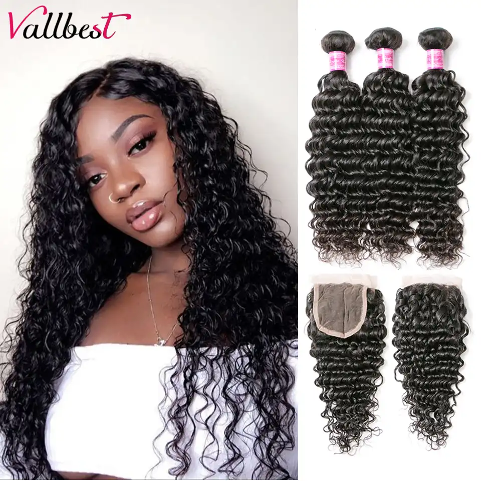 Vallbest Deep Wave Bundles With Closure Brazilian Hair Weave 3