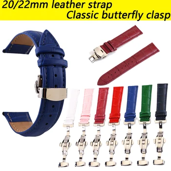 

20/22mm Bamboo Pattern Strap Genuine Leather Watch with Double Press Butterfly Buckle Watches Quick install Wristband Accessory