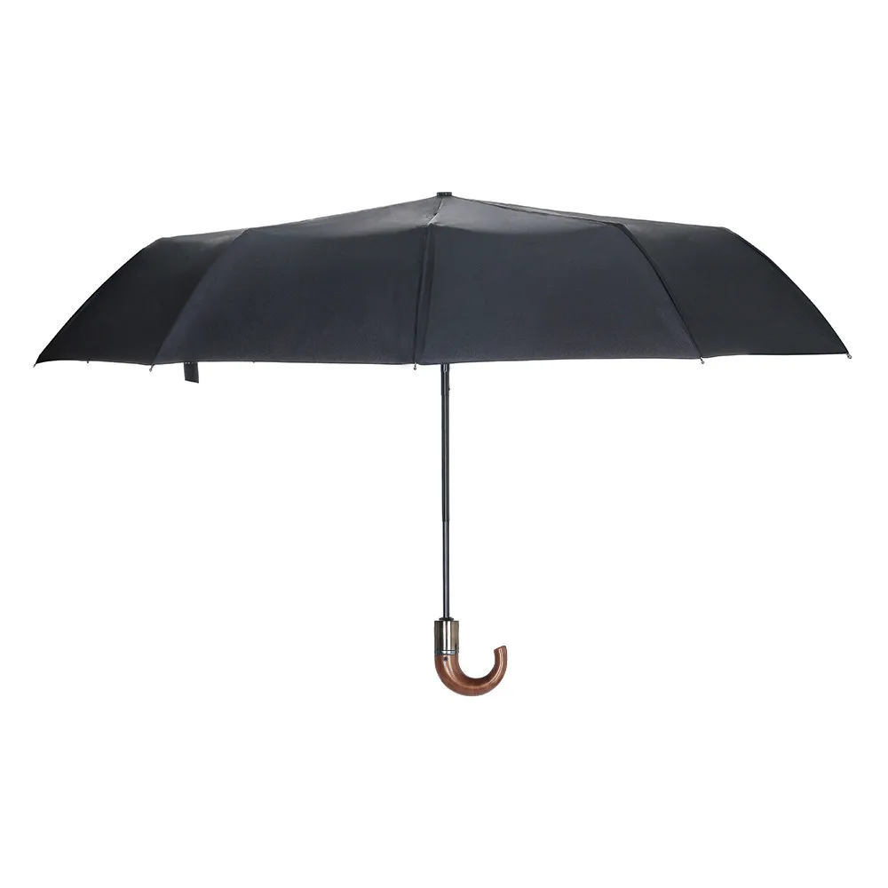 Imitation Wood Handle Wind Resistant Black Three Folding Rain Umbrella Black umbrella handle folding umbrella A1