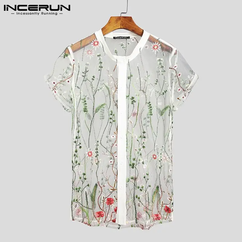 Fashion Men Mesh Shirts Embroidered Short Sleeve Sexy See Through Tops Button Breathable Party Nightclub Shirts INCERUN 5XL
