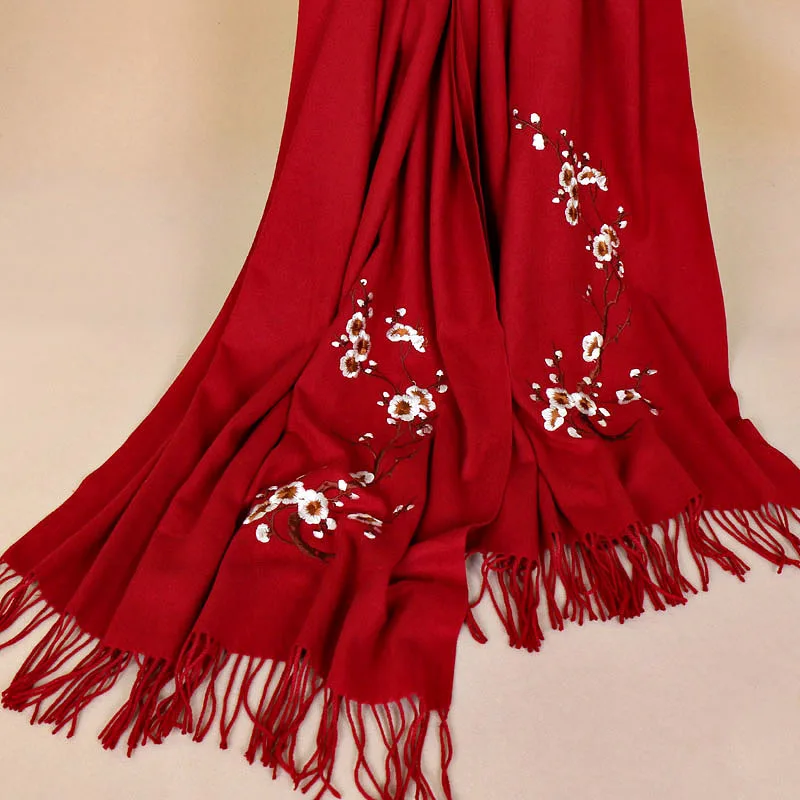 Women Solid both ends Embroider Shawls Autumn Winter New Ladys Pashmina Cashmere Thickening Edging Long Scarf Warp Gift