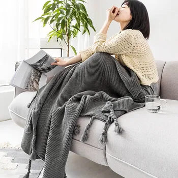 

Solid Color Tassel Blanket Knitted Leisure Throw Blanket Home Decorative Sofa Blanket Photo Props 130x160cm