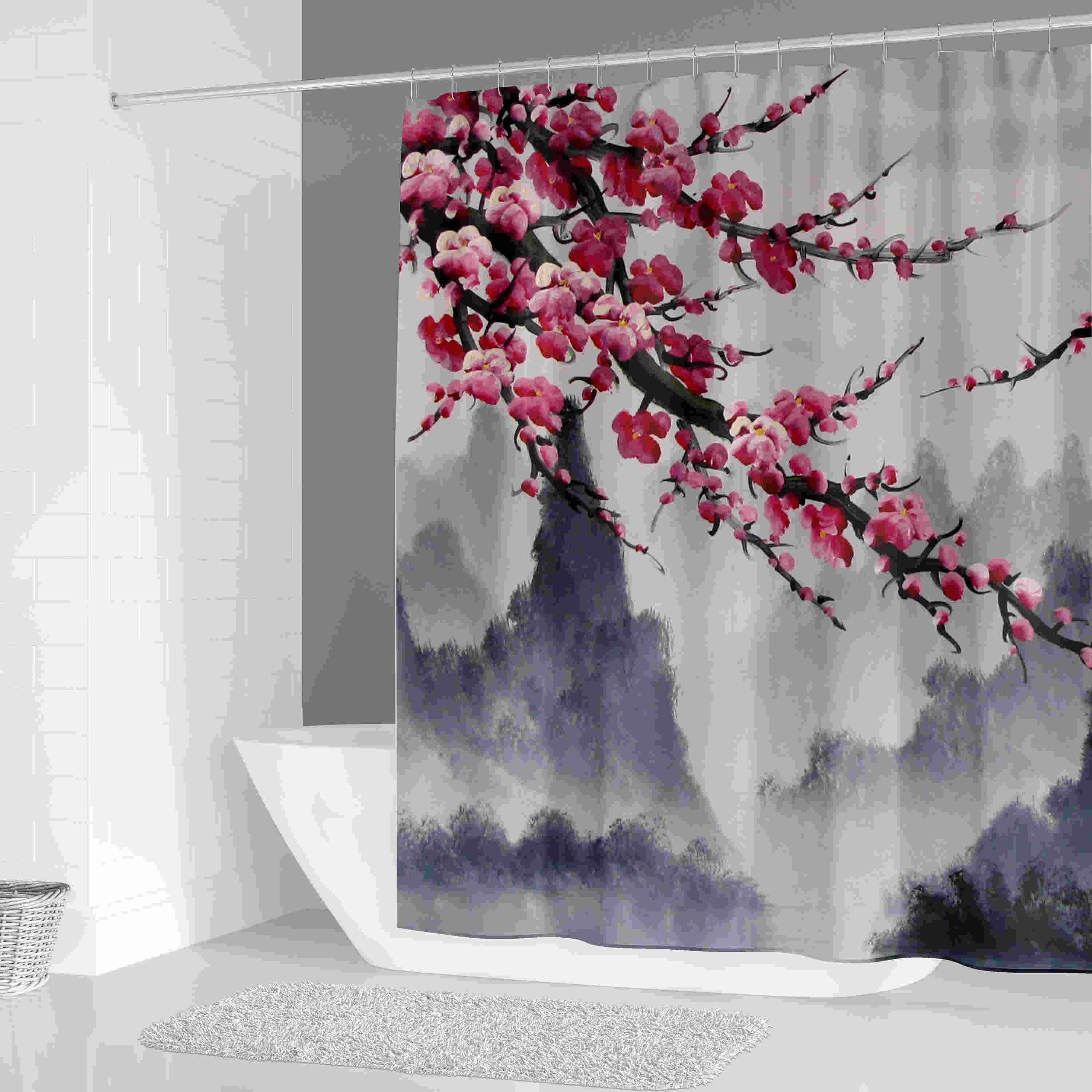 3d Red Plum Blossom Floral Shower Curtains Waterproof Bathroom Decor With Hooks Girls Gifts Shower Curtains Aliexpress