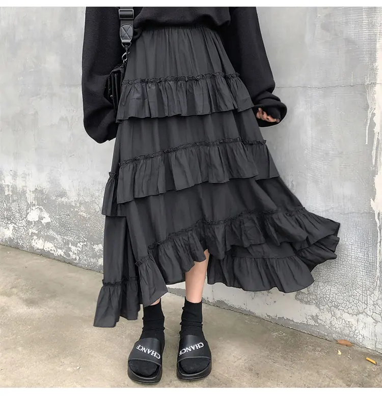 Goth Lolita High Waisted Asymmetrical High Low Ruched Ruffle Skirt in Skirts