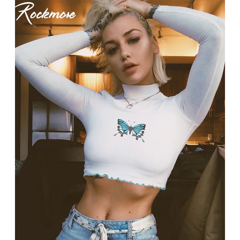 Rockmore Водолазка женская белая хлопковая футболка синяя бабочка печати Harajuku уличная Корейская тугие рубашки топ с длинными рукавами Осень