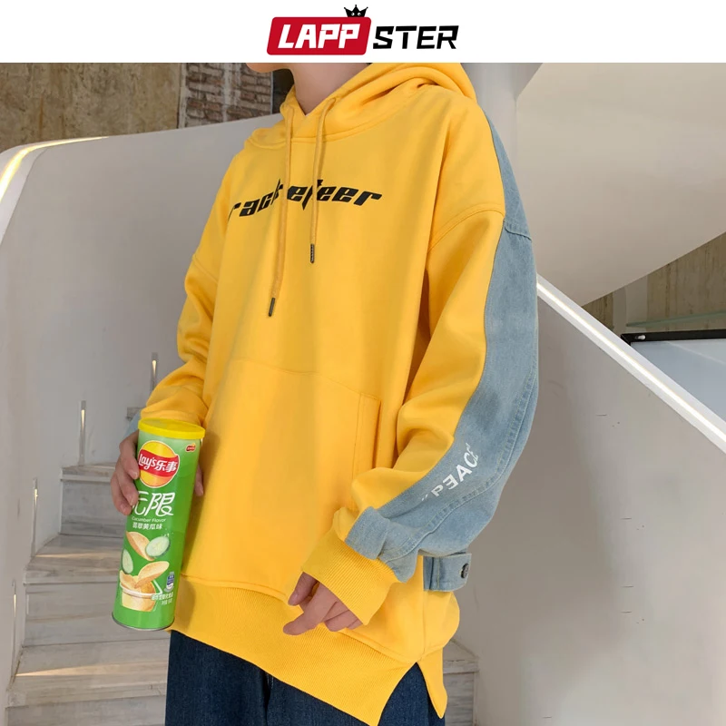 LAPPSTER мужские флисовые джинсовые Лоскутные толстовки мужские большие размеры хип-хоп Harajuku толстовки осенние корейские мужские джинсовые толстовки с капюшоном