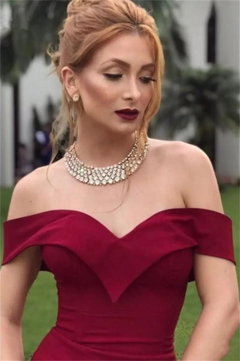2020 Dark Red Mermaid Bridesmaid Dresses Off Shoulder Sweep Train Prom Party Dresses Wedding Guest Gowns sukienka dla druhny