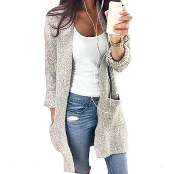 

2019 European Autumn And Winter New Sweater Cardigan Female Long Section Long Sleeve Large Pocket Women Sweater 17147