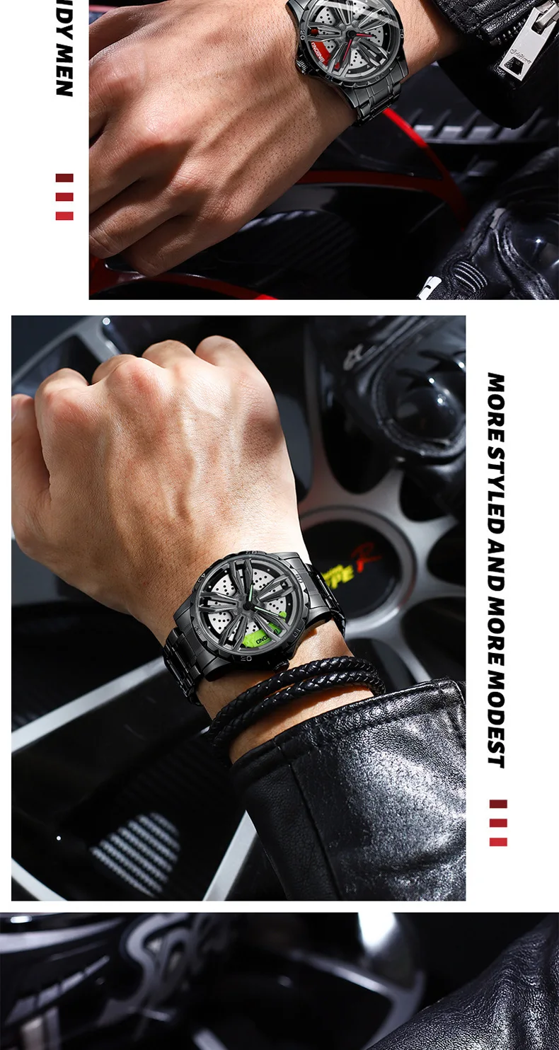 Rotation Rim Hub 2022 Sports Car Watches Men Watches Quartz Waterproof Stainless Steel Wheel Wristwatch Car Quartz Men Watches