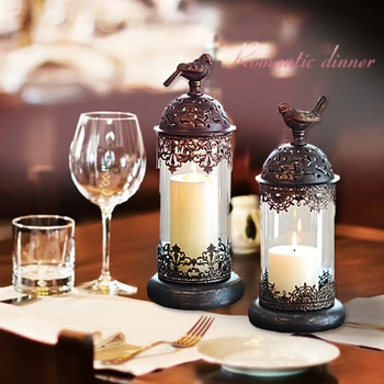 

Vintage Large Wrought Iron Glass Candle Holder Luxury Black Wedding Romantic Candlestick Retro Decorative Table Centerpiece W