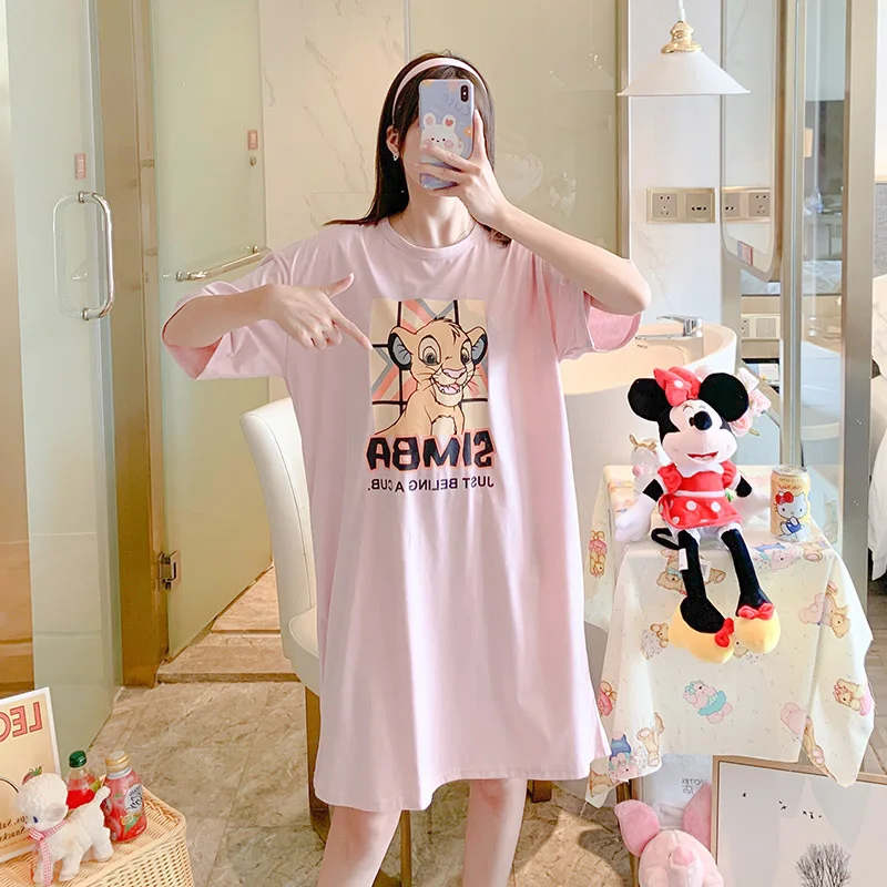 

Disney Mickey Minnie Print Raglan Sleeve Women Pajamas Summer Nightdress Short-Sleeved Dress Sweet And Cute Girl Home Service