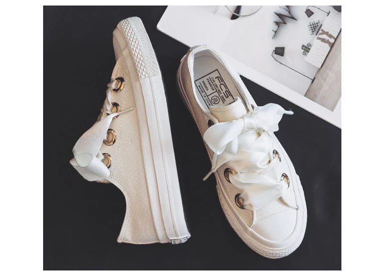 2021 New Canvas Shoes Versatile Laces Light Color Solid Color Cute Trend Casual Flat Bottom Low Top Women's Vulcanized Shoes