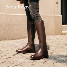BeauToday/женские сапоги до колена из натуральной коровьей кожи с боковой молнией и круглым носком; женские зимние модные высокие сапоги ручной работы; 01214