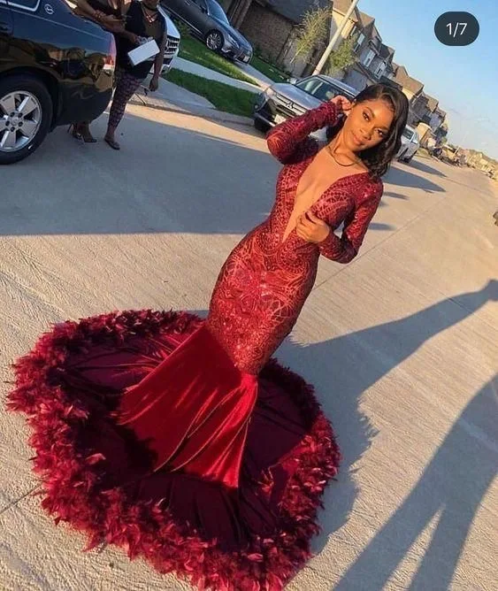 yellow prom dresses Burgundy Long Mermaid Prom Dresses 2020 New Long Sleeve Sequined Long Sleeve Feather Velvet Formal Evening Dress Party Gowns cheap prom dresses