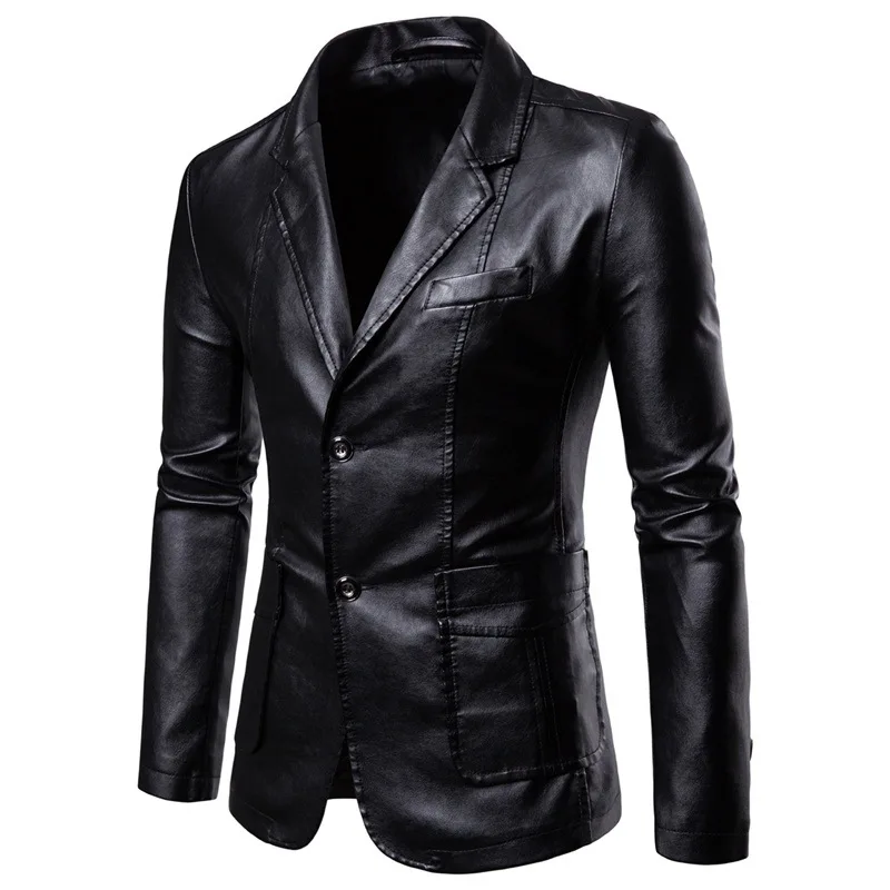 Europe And America Autumn And Winter New Style Men's Slim Fit Fold-down Collar Versatile Pu Small Suit Men's Fold-down Collar Le