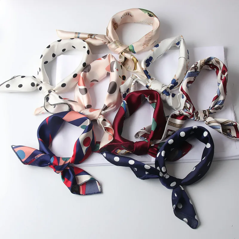 

10 Colors Women Scarf Fashion Print Hair Tie Flower Striped Headkerchief Ribbon Retro Handle Bag Chiffon Headwear Scarve