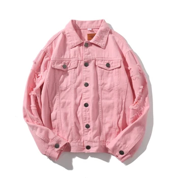 

Men Autumn Hooded Denim Jackets Pink Jean Coats Good Quality Men Cotton Holes Denim Coats Fashion Jean Jackets