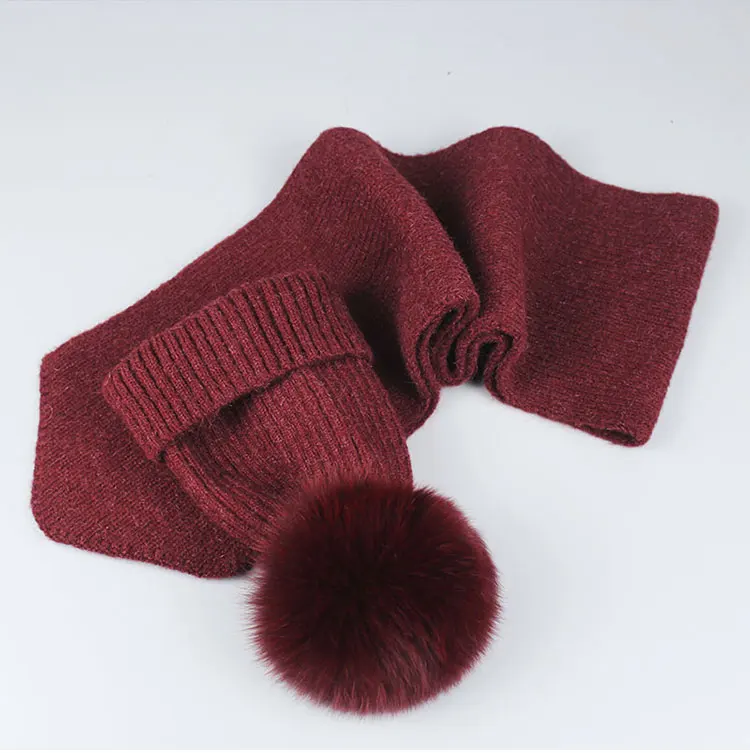 Зимняя шапка с помпоном из натурального меха для родителей и детей, комплект с шарфом для женщин, толстые вязаные шерстяные шапки-бини с помпоном из натурального меха