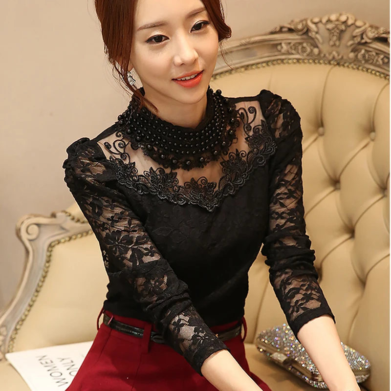 Billige Frauen kleidung 2020New Mode langarm Bluse shirts Frauen Spitze Mesh Perlen Blusa Femininas Sexy Plus samt Spitze Tops 657J