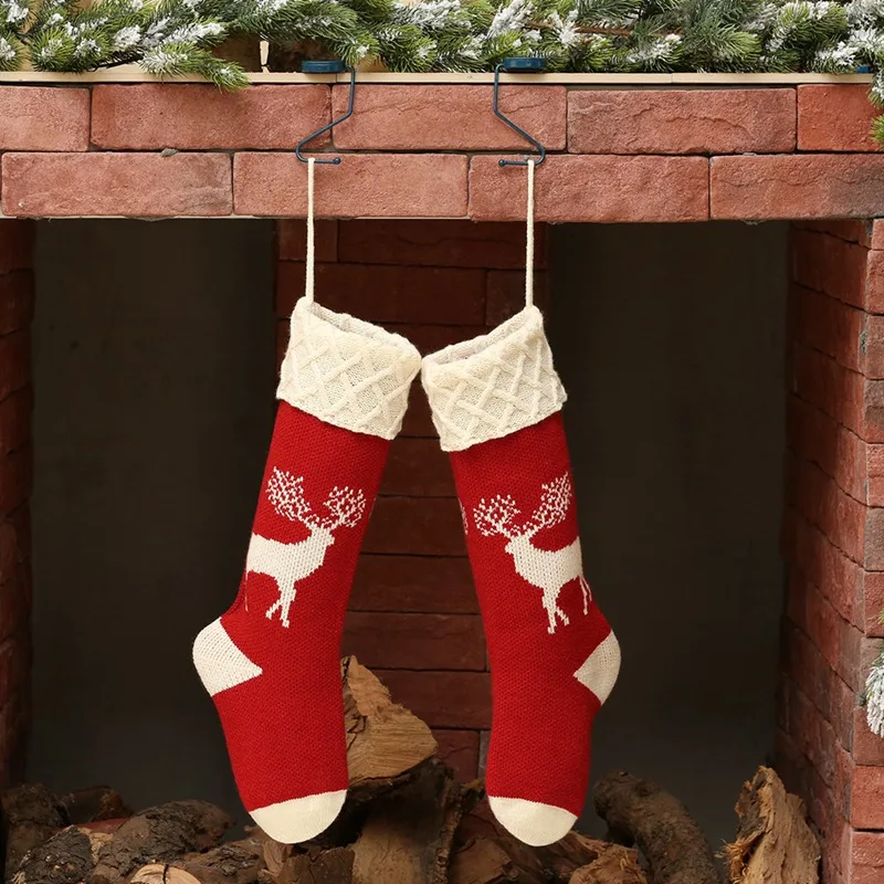 Christmas Socks Deer Printed Knitted Christmas Socks Gift Bag Ornaments Red Holder Tree Stocking Fireplace Hanging Present K
