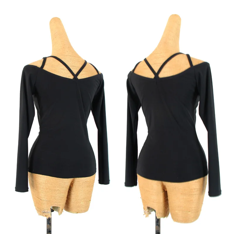 Для латинских танцев Топ Slim Fit черный рубашка с длинными рукавами Для женщин тренировочное танцевальное платье Одежда Женская Румба ча-ча