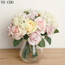 1 букет искусственных роз, Декоративные Шелковые цветы гортензии, искусственные розы, букет невесты для свадьбы, дома, вечерние цветы для декора стола