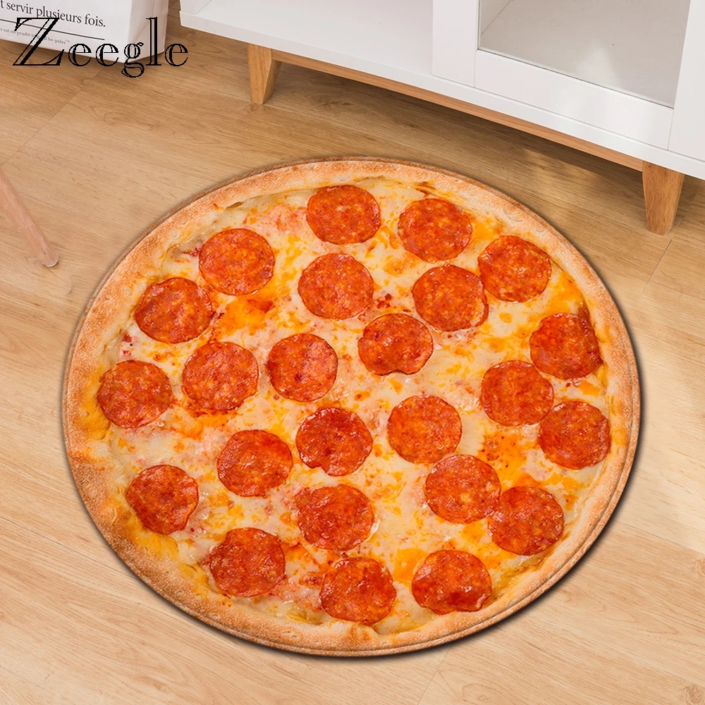 Zeegle 3d Printed Pizza Round Carpet Large Carpet for Living Room Decor Anti-slip Kids Room Play Rug Absorption Hallway Rug