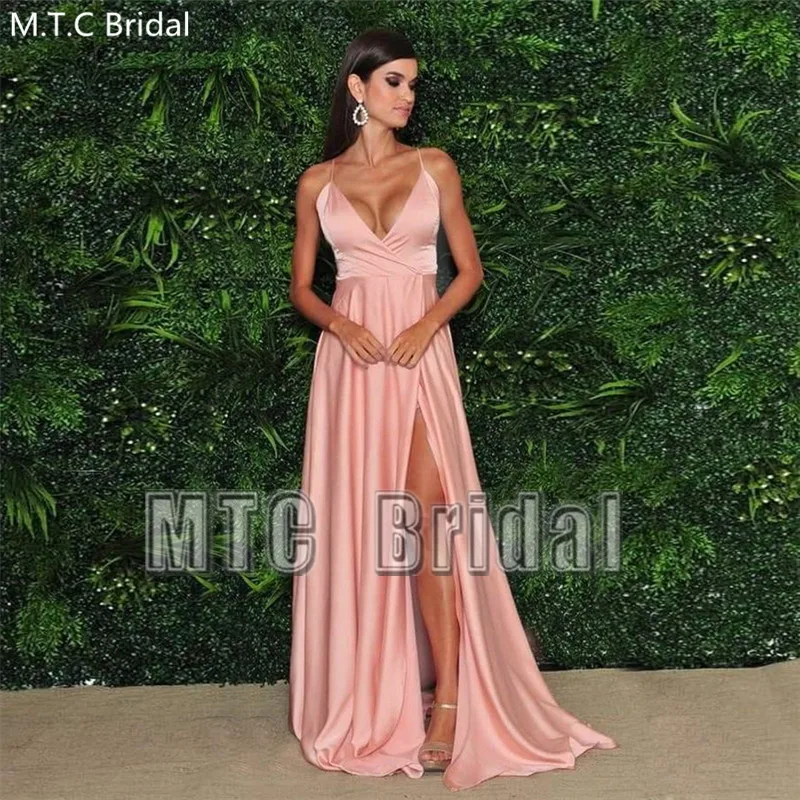 Modern Pink Long Evening Dress with Slit and Spaghetti-Straps