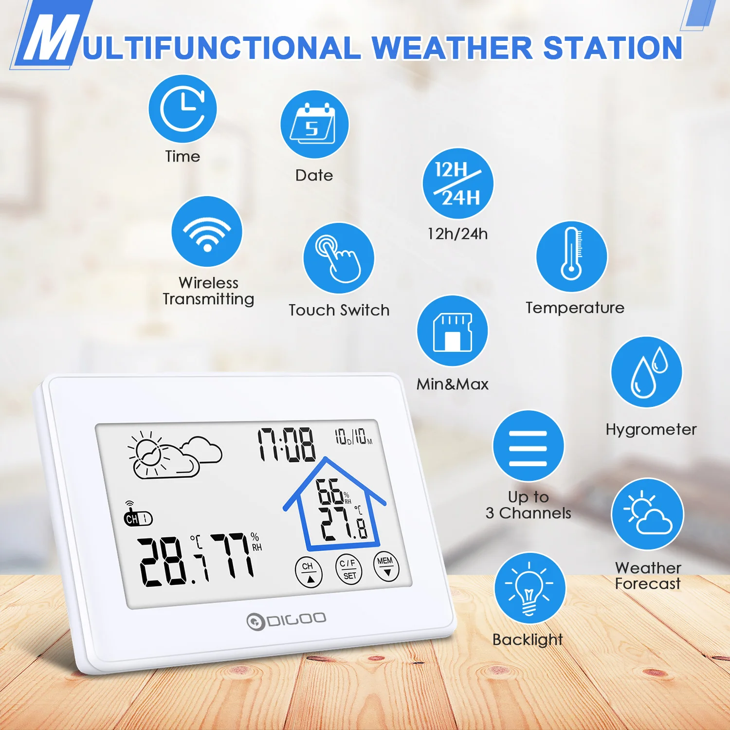 DIGOO DG-TH11300, атмосферная метеостанция, для помещений, для улицы, датчик погоды, 3CH, термометр с подсветкой, гигрометр, часы с календарем