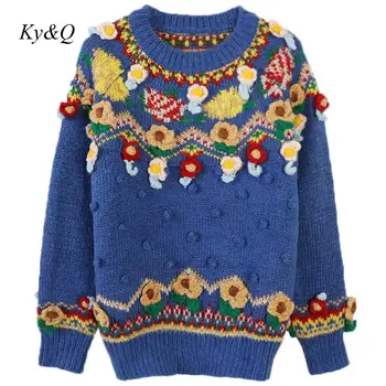 

2019 Winter Runway Flower Designer O-neck Loose Thick Blue Pullover Sweater Christmas Luxury Fashion Clothes Women
