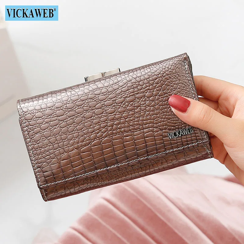 VICKAWEB Women Genuine Leather Short Wallet Female Fashion Purses Ladies Alligator Hasp& Zipper Coin Purse Woman Small Wallets - Цвет: Silver Gray Wallet