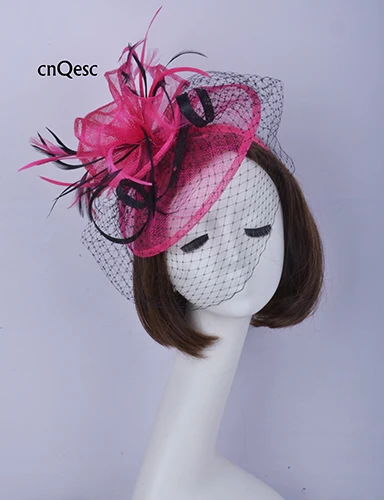 HOT PINK BLK Оранжевое Женское торжественное платье шляпа синамей перо для головного убора свдебные аксессуары для волос для душа для матери невесты - Цвет: HOT PINK BLK