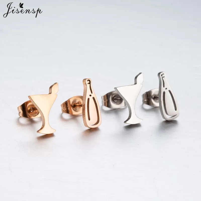 Jisensp Fashion Cup Bottle Earrings Girls Ear Stud Unique Red Wine Glass Stud Earrings for Women Stainless Steel Earrings bijoux