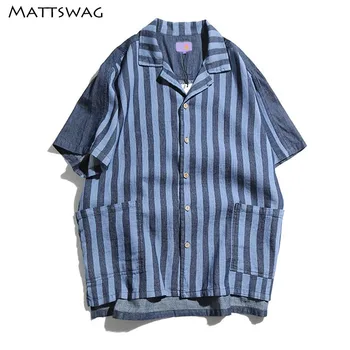 

MATTSWAG Stripe Patchwork Men Denim Shirts Button Pocket Short Sleeve Shirt for Men Casual Loose Cowboy Men Shirt Japanese Style