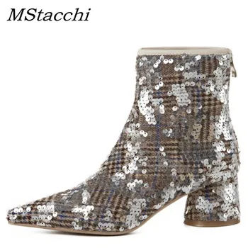 

MStacchi Glitters Bling Bling Wedding Party Prom Shoes Woman High Heels Ankle Boots Women Sequined Zipper Thick Heel Boots Mujer