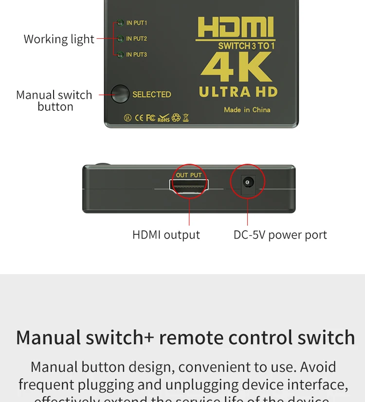 HDMI коммутатор 4K 3x1 3 вход 1 выход с ИК-пультом дистанционного управления для xbox 360 PS4 Smart Android HDTV 5 в 1 выход HDMI переключатель