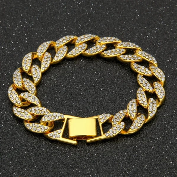 15 мм, мужские ожерелья, кубинские цепи, мужские ожерелья, золото, серебро, хип-хоп, со стразами, ожерелье, браслет, набор - Окраска металла: Gold Bracelet