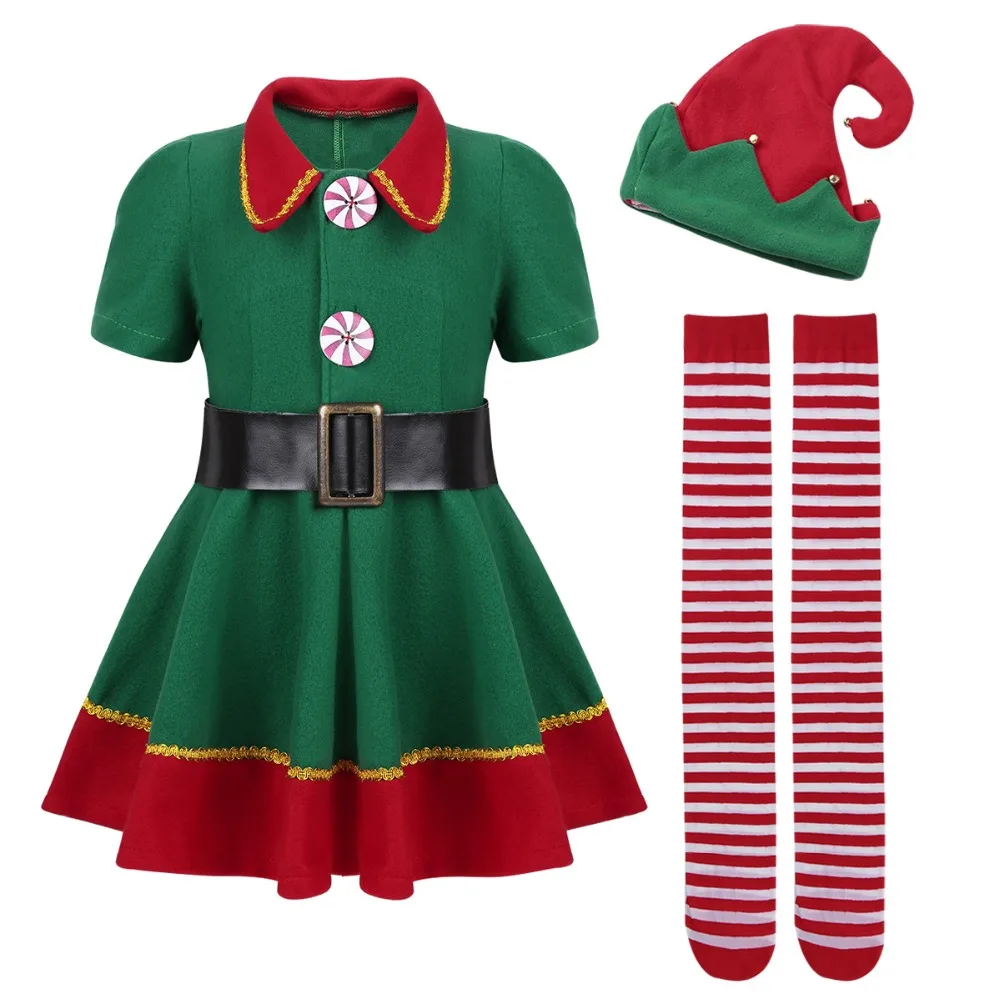 

Kids Girls Christmas ELF Cosplay Dress with Red Santa Hat Belt Tights Set Xmas Cosplay Party Costume Dress Up Clothes