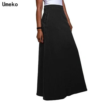 

2020 Vintage Plus Size High Waist Denim Skirts for Women Blue Washed Maxi Skirts Casual Solid A-line Skirts Elegant Black Skirt