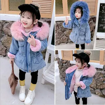 

2019 Korea style girls denim fur thicken coat winter fashion girls coat 2-7 C400