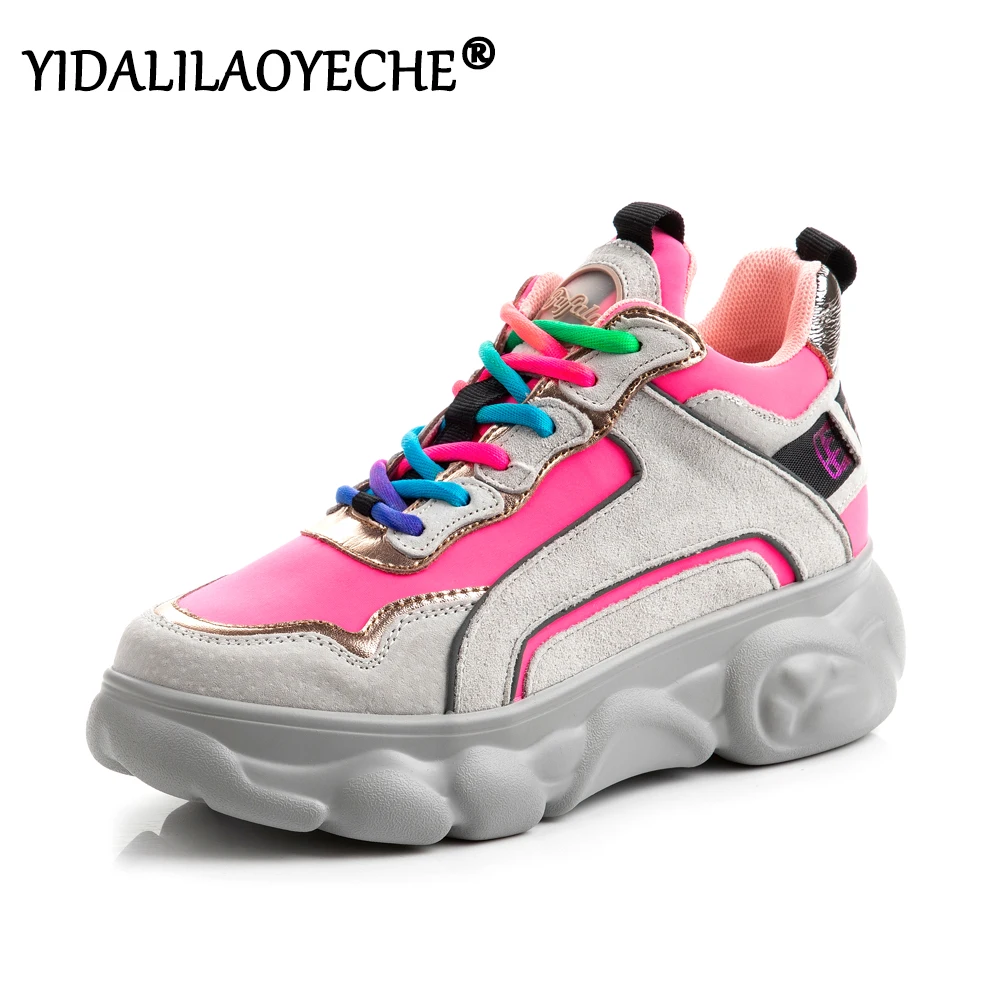 

Lace up chunky sneakers Round toe black platform sneakers women Pig seude ladies sneakers 2019 patchwork chunky trainers women