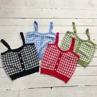 Summer Girls Plaid Crop Tops Sleeveless Knitted Crop Tops Female Button Up Straps Camisoles Cute Tops For Women - Image 2