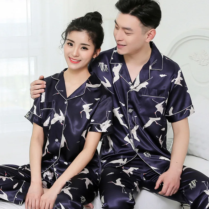 

New Style Couples Pajamas Xia Bing Silk Thin Short Sleeve Trousers Cartoon Cute Men And Women Silk Tracksuit Korean-style Summer