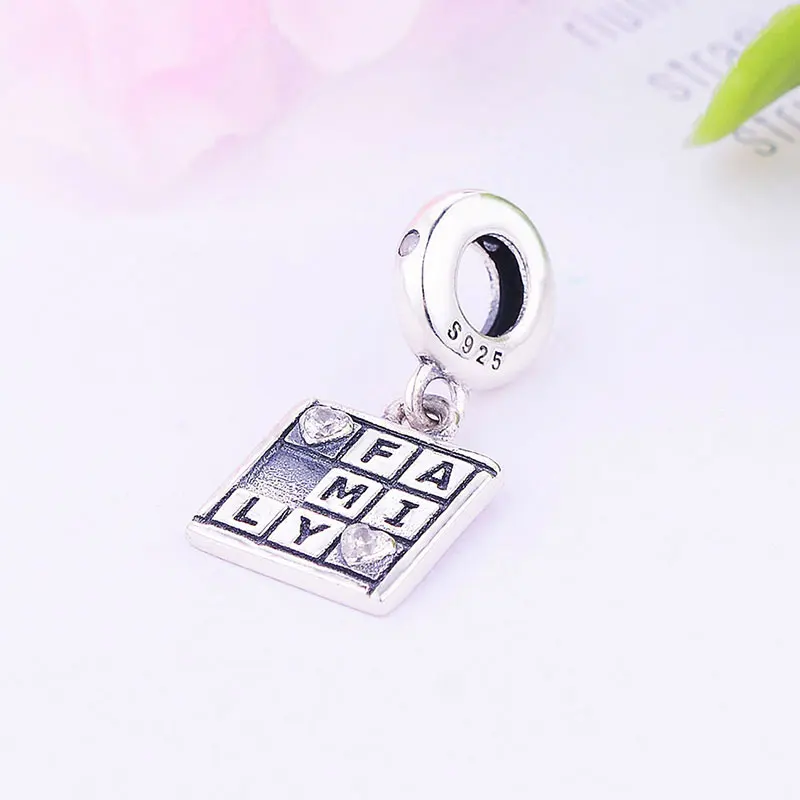Genuine 925 Sterling Silver Sqaure Puzzle Family Heart Shape Zircon Bead Fit Original Pan Charm Bracelet Making Kid Berloque | Украшения и