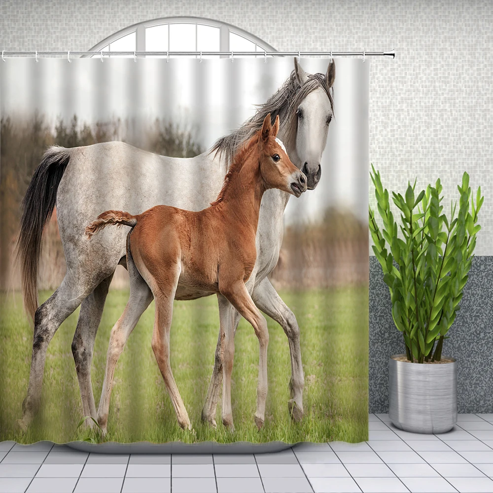 Black White Horse Shower Curtains Strong Animal Running on the Snow Bathroom Decor Home Bathtub Waterproof Polyester Curtain Set
