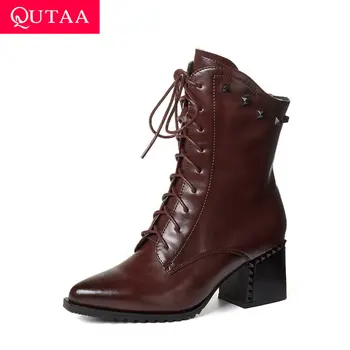 

QUTAA 2021 Rivet Autumn Winter Ankle Boots Square High Heel Lace Up Women Shoes Pointed Toe Cow Leather Ladies Pumps Size 34-42