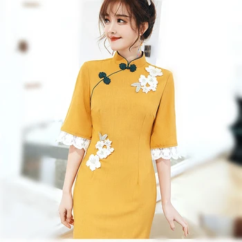 

Plus Size Lace Embroidered Cotton Linen Cheongsam Dress Chinese Style Women Improved Qipao 3XL 2020 Summer New Dress