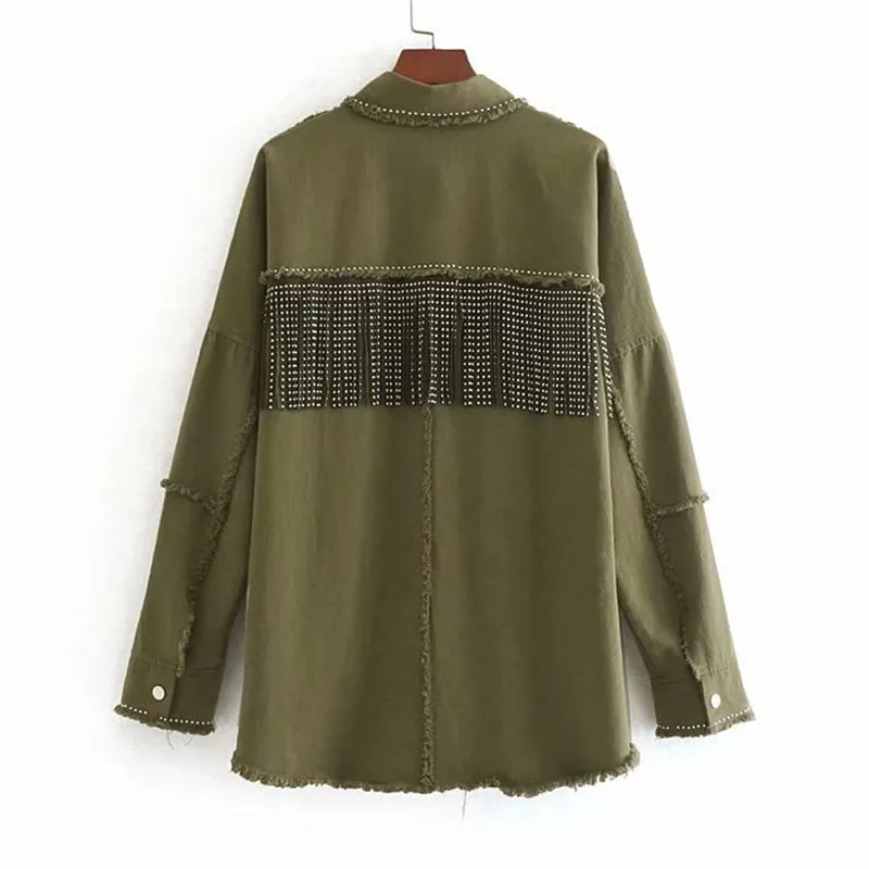 women jacket oversized beading decorate denim jacket tassel patchwork long sleeve coat female outwear loose tops
